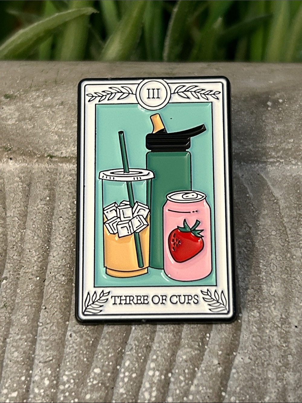 Three of Cups tarot card Enamel Pin NEW iced tea, strawberry soda water bottle